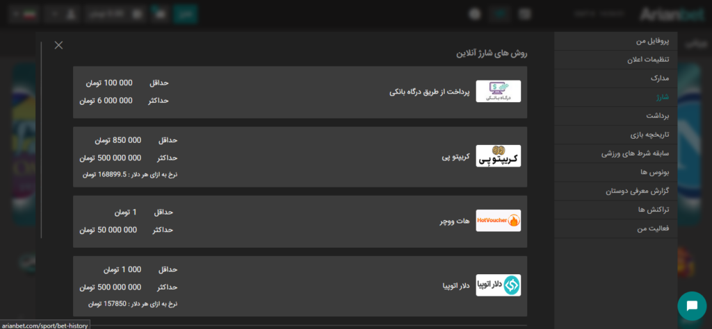 چه روش هایی برای واریز و برداشت در آریان بت وجود دارد؟